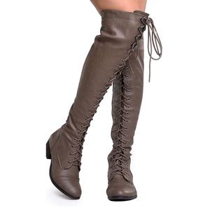 Knee-High Taupe Lace Up Combat Boots